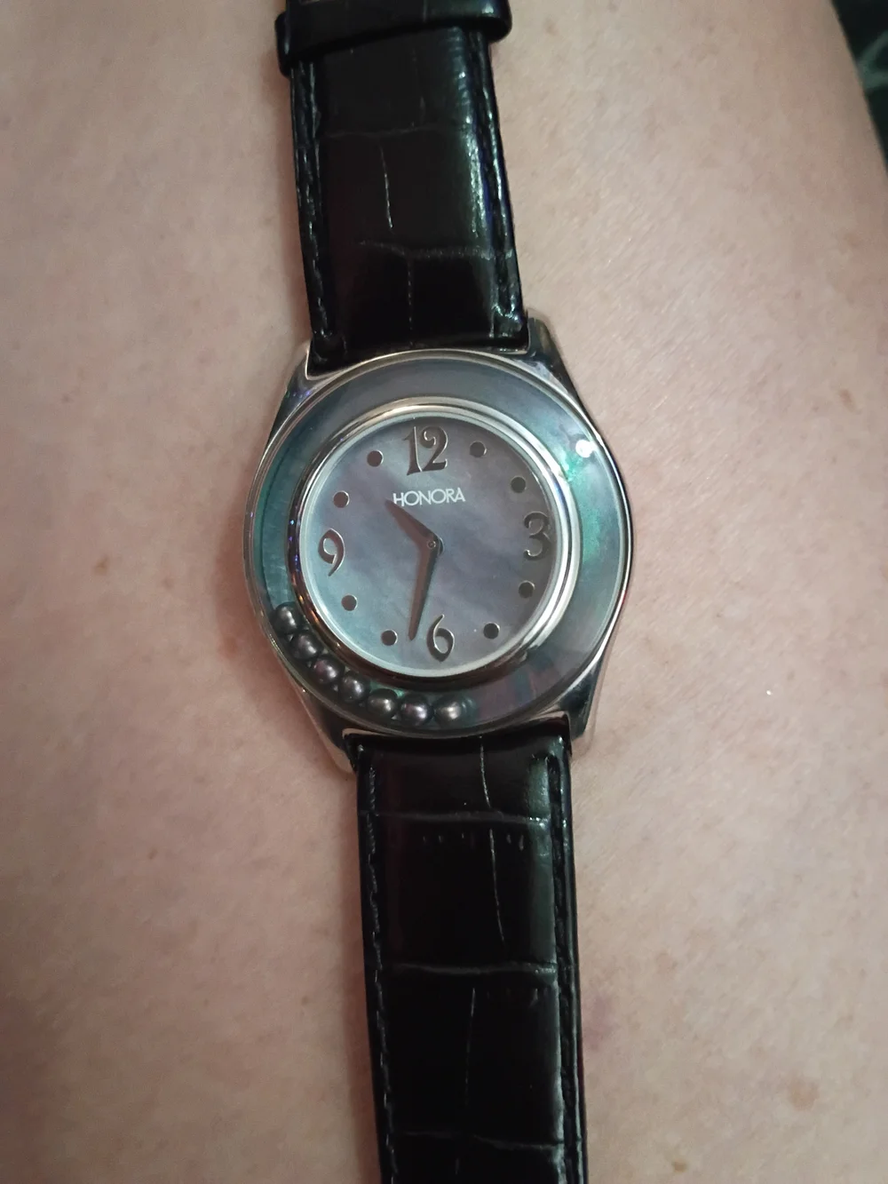 Honora Black Leather Strap Watch with Silver Case and Light Dial